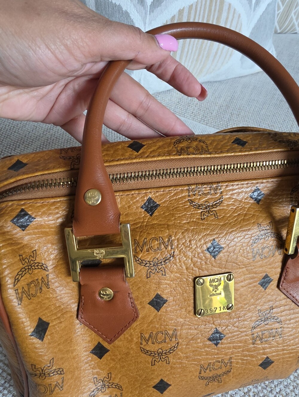 MCM Visetos Cognac Monogram Boston Bag - Picture 9 of 13